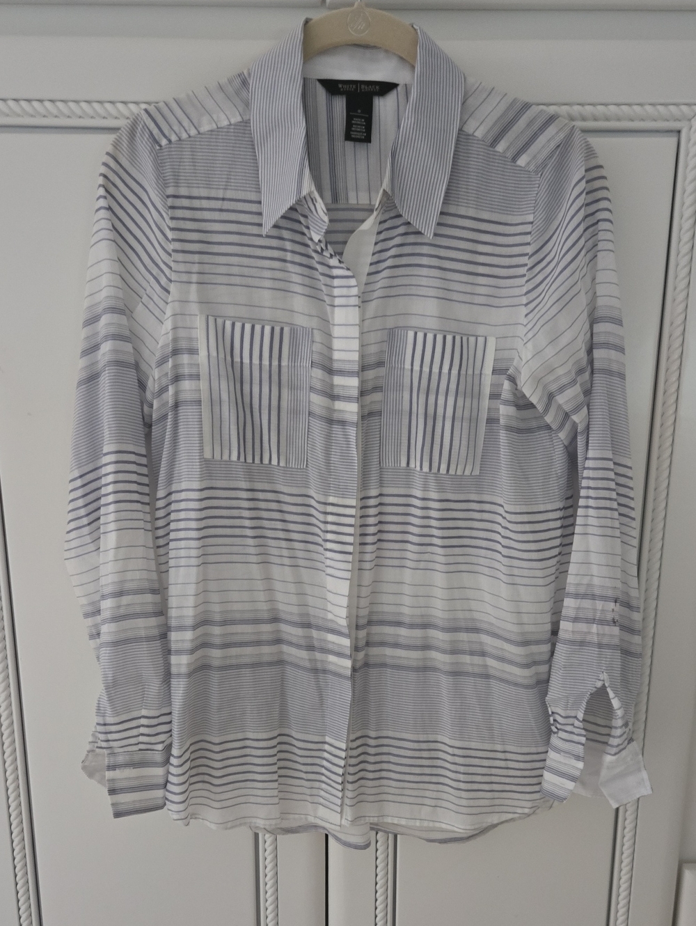 White House Black Market White and Light Blue Striped Button-Up Blouse